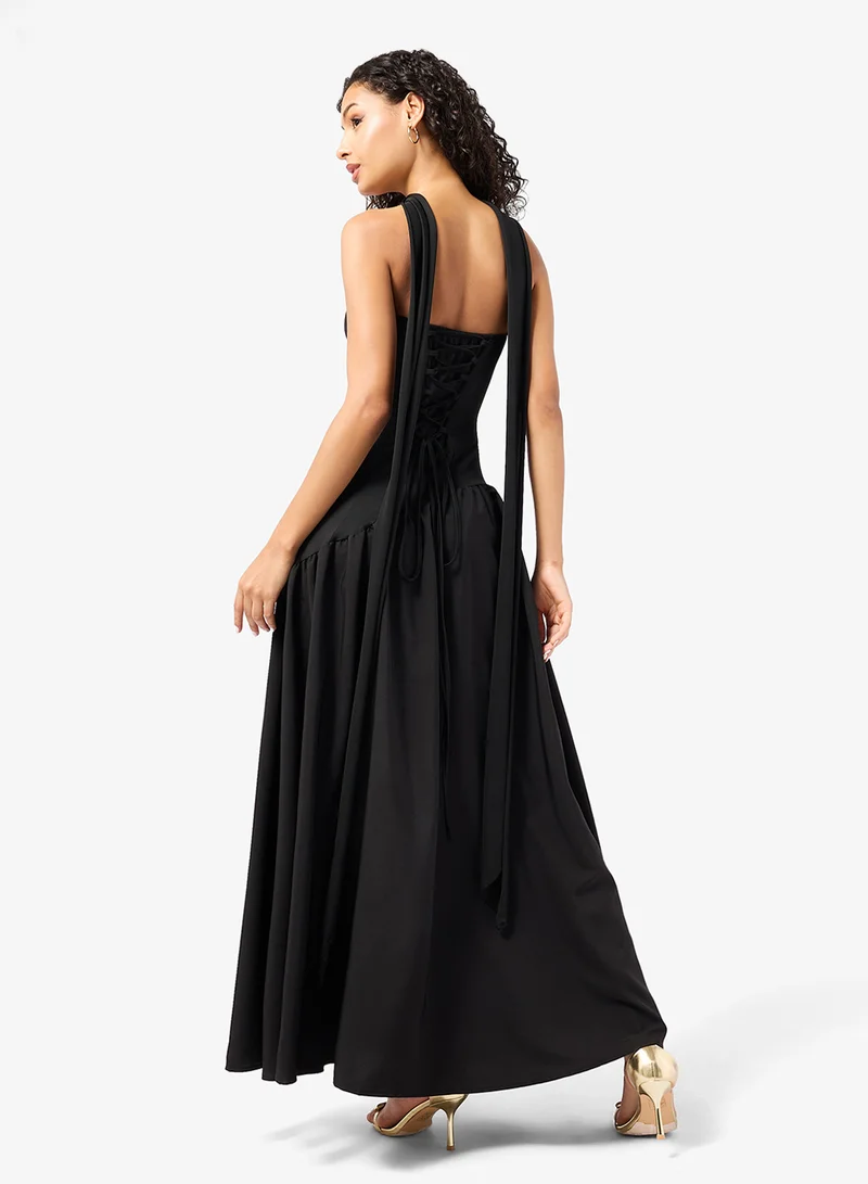 جينجر Off Shoulder Drop Waist Dress with Scarf